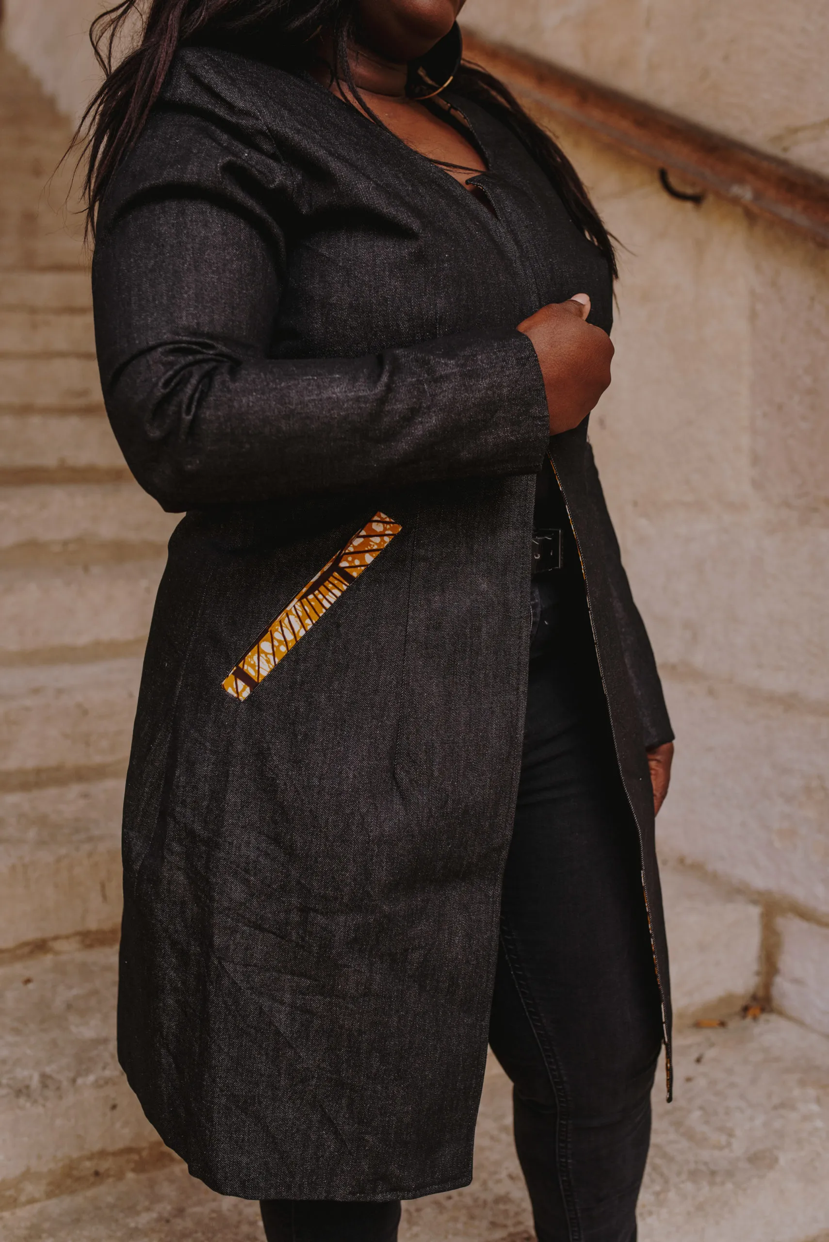 Veste longue denim Wax sans col – Image 2