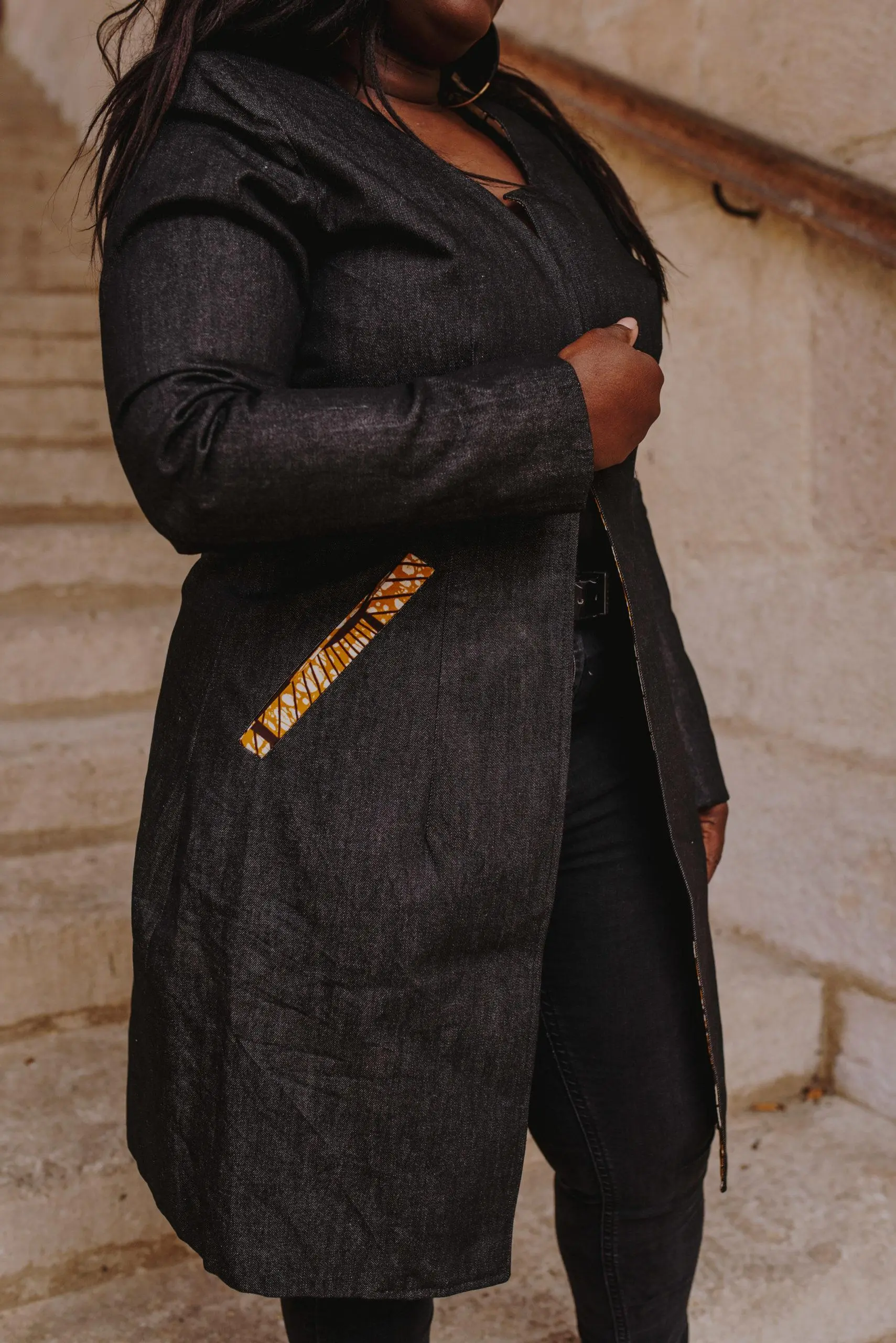 Veste longue denim Wax sans col