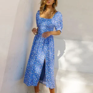 Robe Mi-Longue Fleurie Manche Bouffante