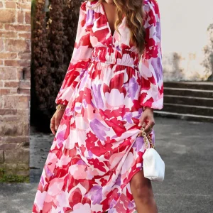 Robe Longue Fleurie Rose Manche longue