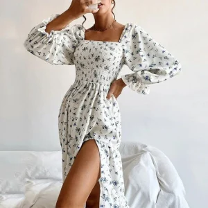 Robe Mi-Longue Manche Longue Fleurie
