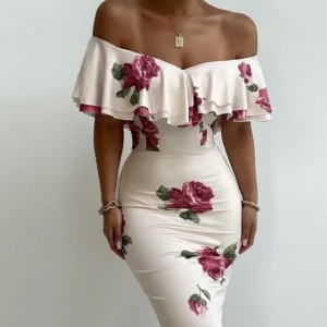 Robe de Soirée Fleurie Col Bateau